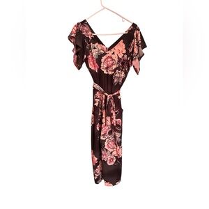 Eyeshadow Ruffled Tie Front Jumpsuit in Charcoal Black and pink Floral | Medium